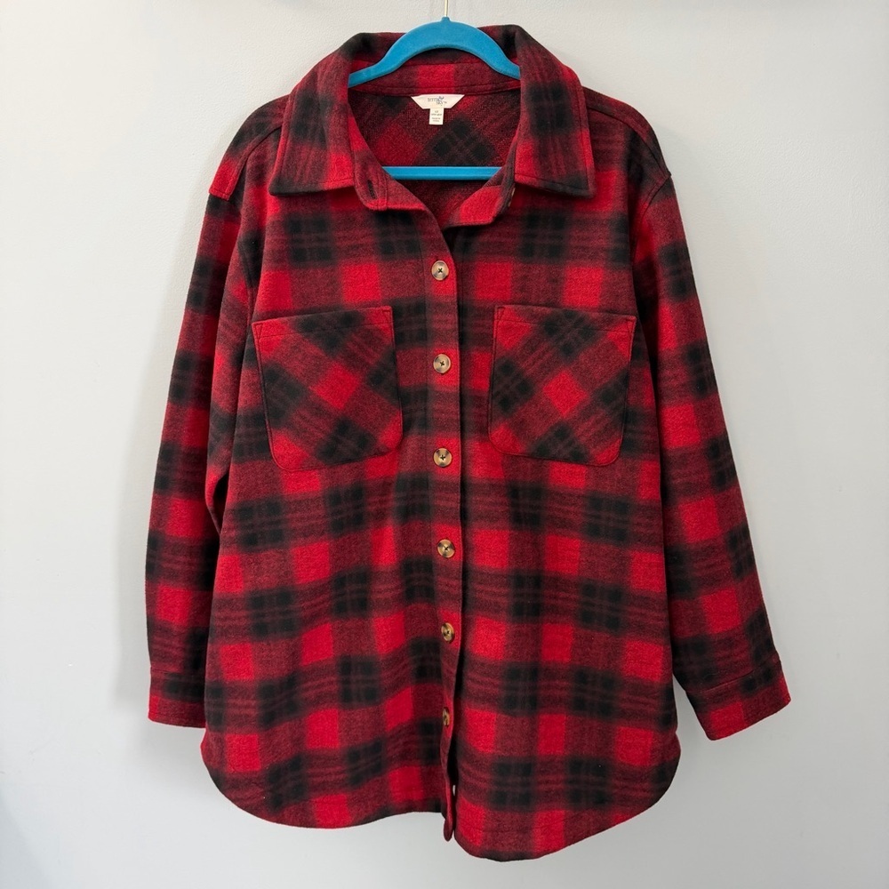 Terra & Sky Red and Black Plaid Shacket Plus Size 1X